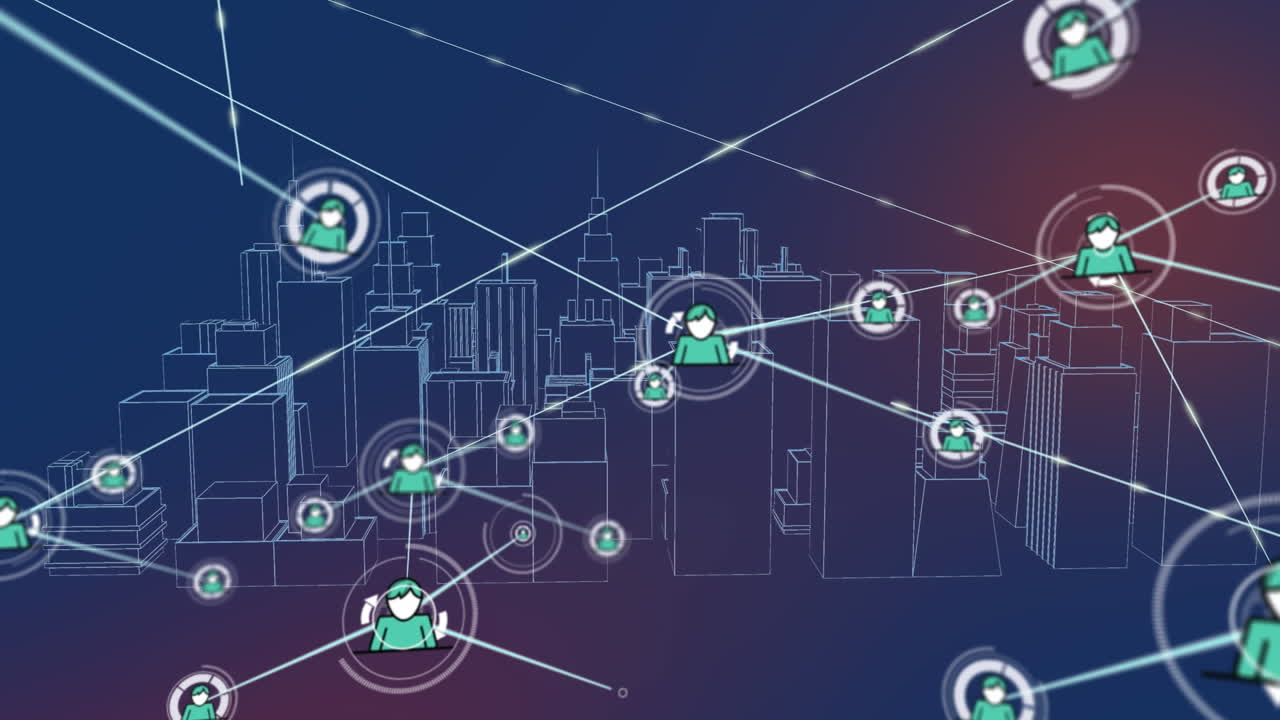Animation of network of connections with icons over cityscape