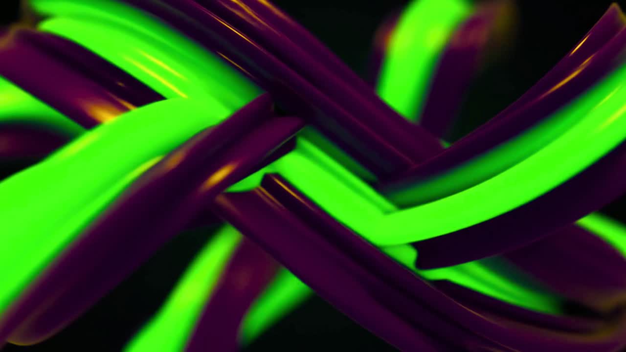 Dynamická abstraktní animace zářivých zelených a fialových zkroucených tvarů.