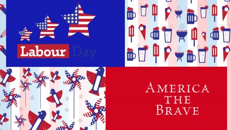 animation of labour day america the brave text over icons coloured with american flag