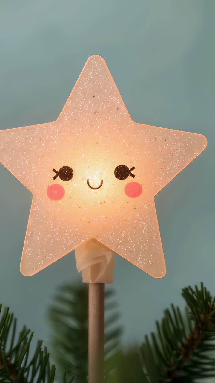 Vertical video: Camera steadying, star topper glowing amber in room, glittering near tape for decor