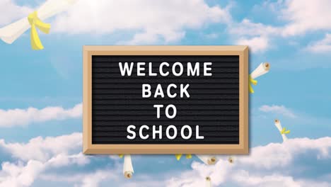 Welcome-Back-To-School-text-against-multiple-diplomas-floating-against-blue-sky