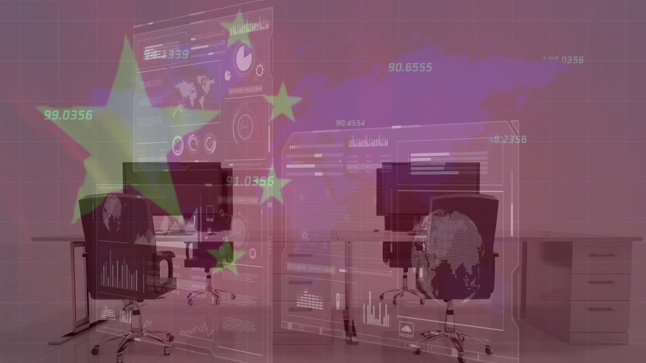 백색 바탕에 컴퓨터와 함께 책상 위에 데이터 처리를 중국의 발의 애니메이션