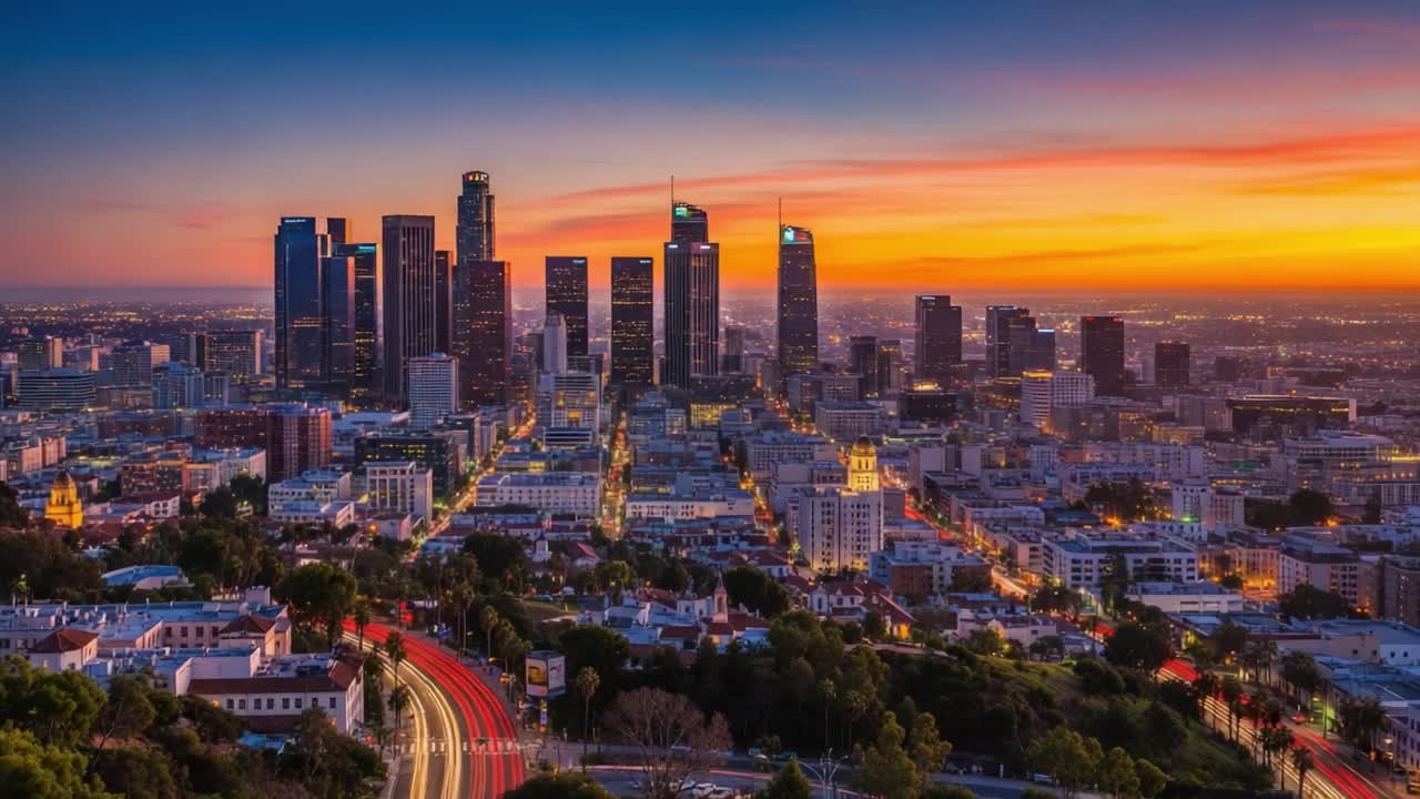 City Skyline at Dusk with Traffic Light Trails