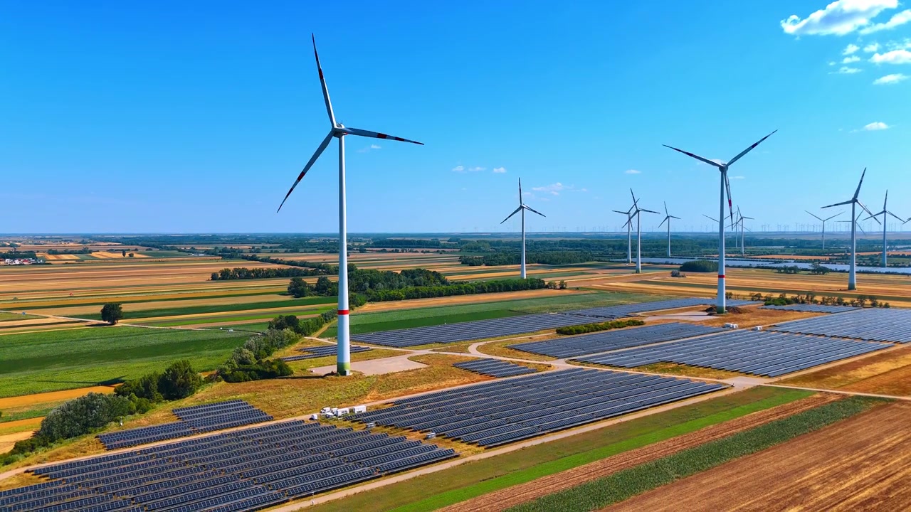 Solcelleanlæg og vindmøller på en landbrugsmark. Bred fotovoltaisk installation med blå samlerrækker ved siden af høje hvide generatorer under blå himmel