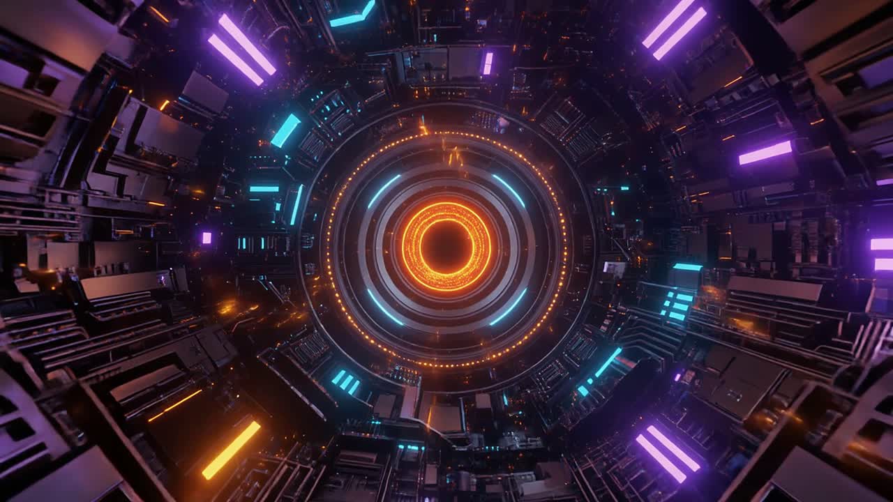 Tunnel fantascientifico astratto con luci al neon pulsanti