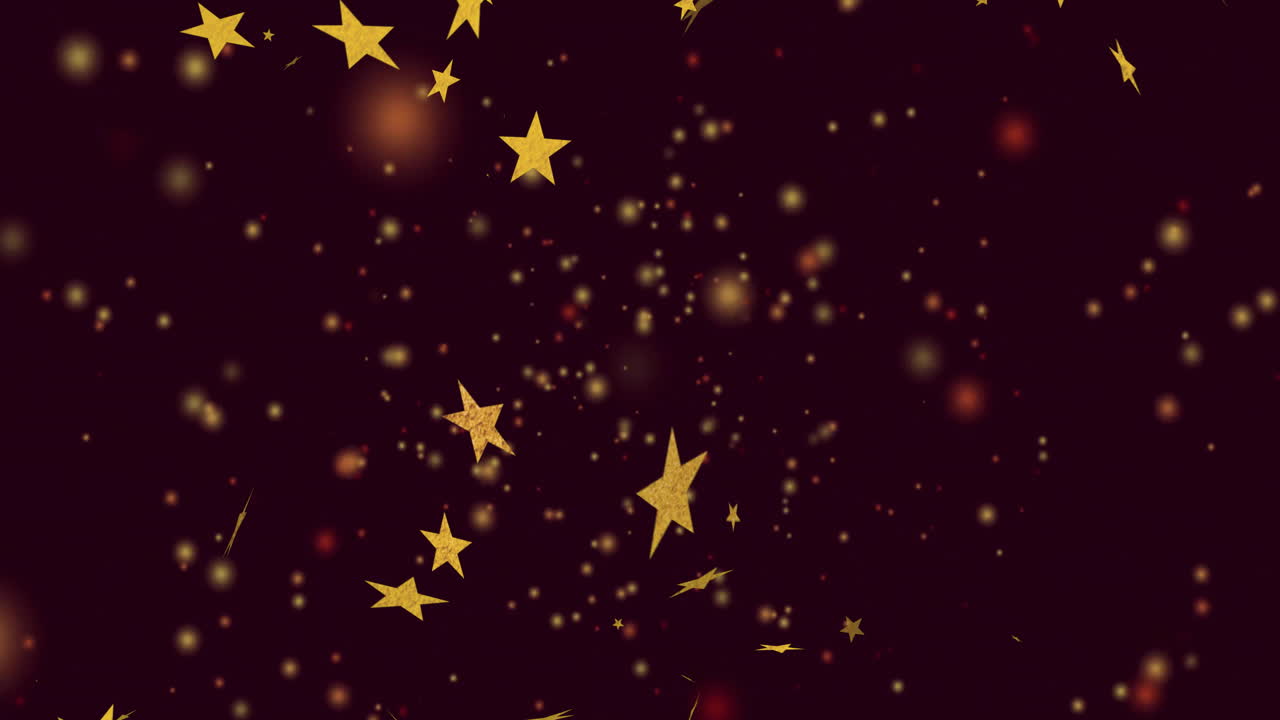 Animation of golden stars and glowing particles floating on dark red background