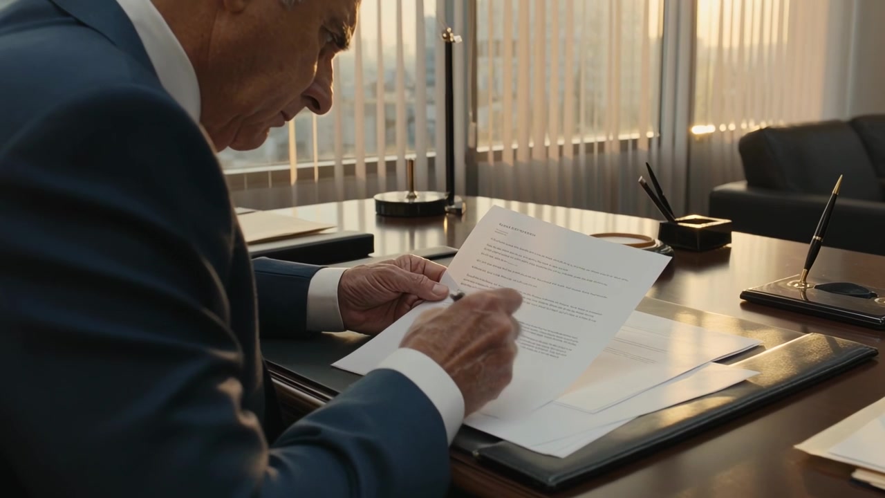 Dirigente anziano in abito che si china leggendo documenti alla scrivania, firmando per approvazione con una penna su un fascicolo.