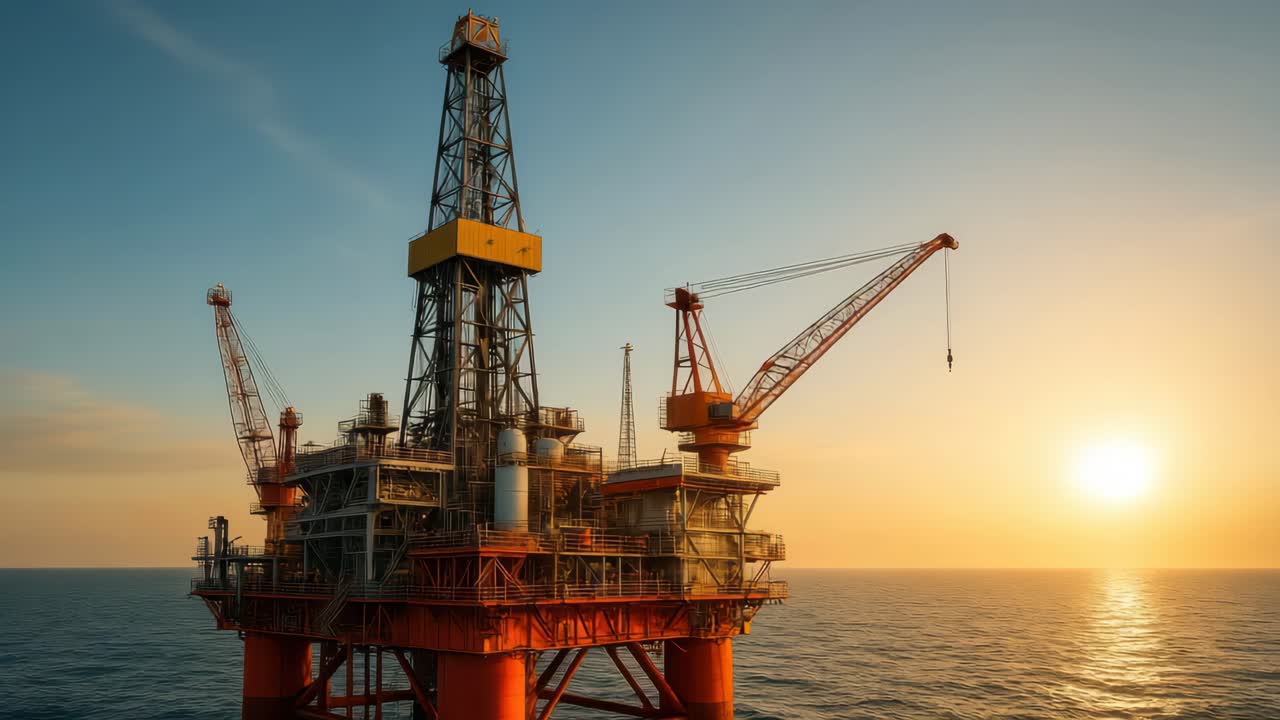 Aerial view of an offshore oil rig at sunset, capturing the industrial structure and ocean expanse