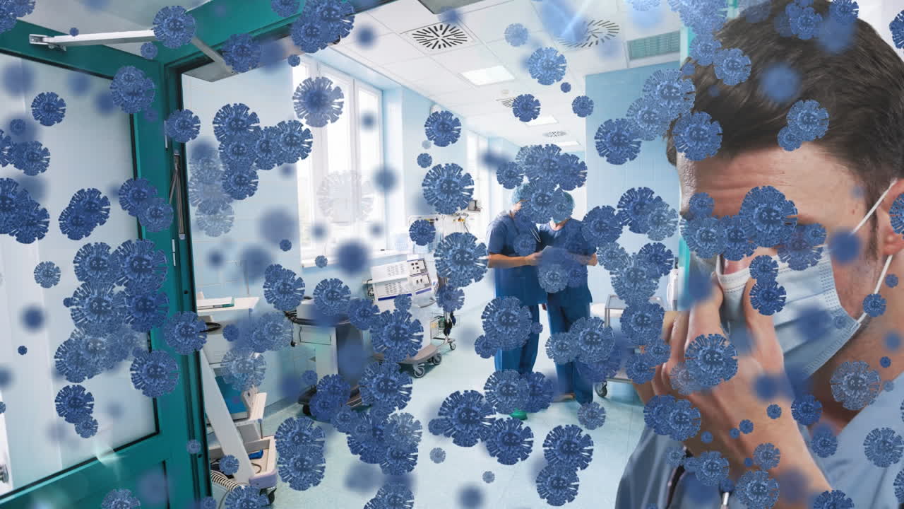 얼굴 마스크를 착용한 백인 남성 의사 위의 바이러스 세포의 애니메이션