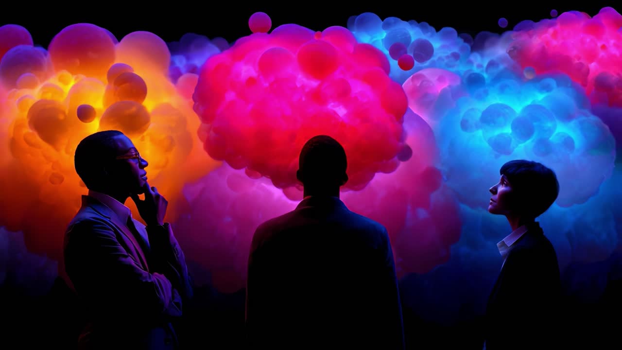 A Thought-Provoking Encounter Amidst Colorful Clouds: Three Individuals Engage in Intense Conversation Surrounded by Vibrant Visuals for an Inspiring Experience