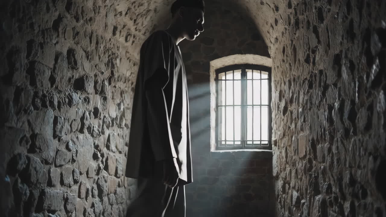 Man Walking in a Dark Stone Prison Cell
