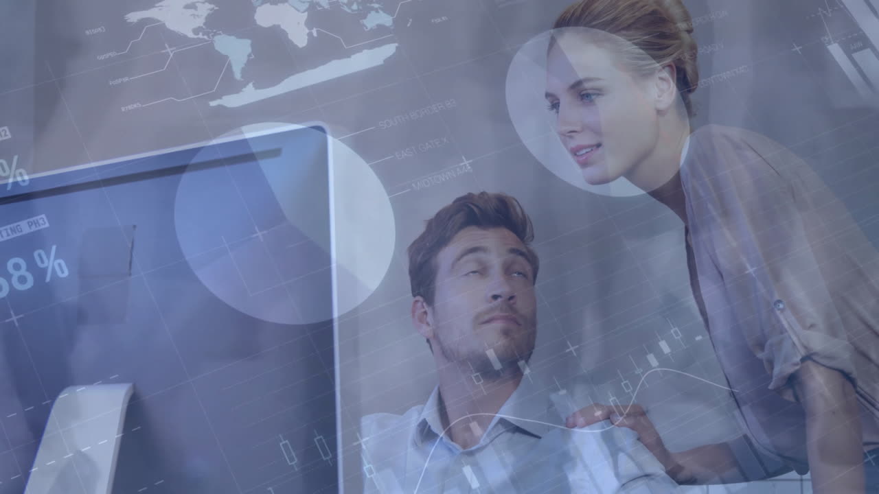 анимация инфографики, временный промежуток времени людей, идущих, кавказский коллега обсуждает через компьютер