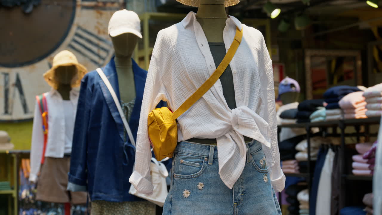 Clothes presented on mannequins in a clothing store