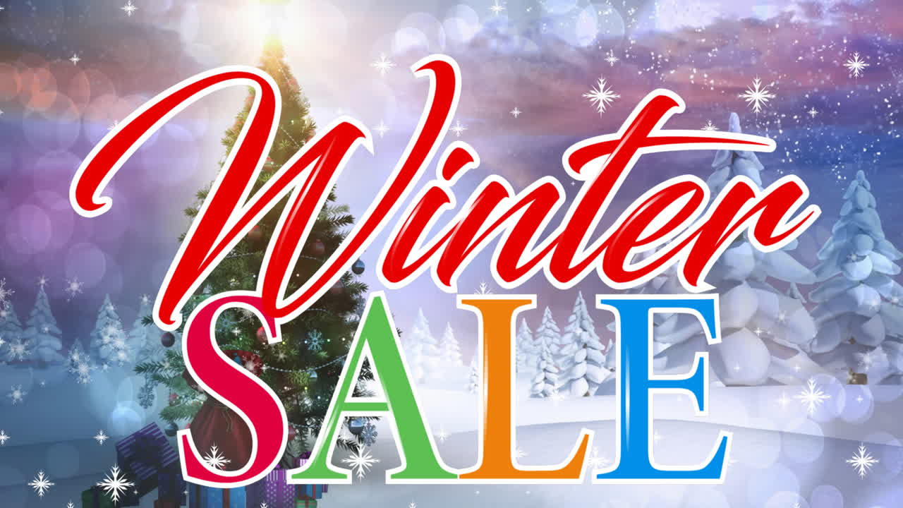 animación de texto de venta de invierno sobre abetos en el paisaje de invierno