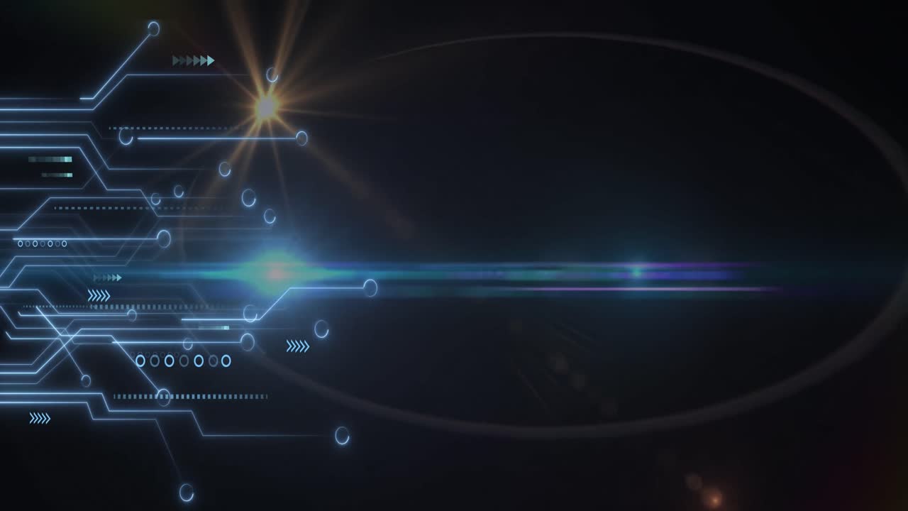 Animation of microprocessor connections and lens flare against black background