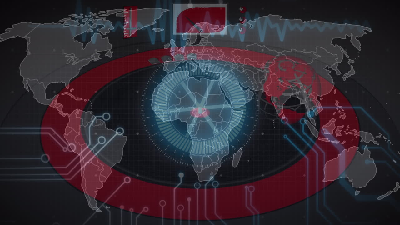 세계 지도와 마이크로프로세서 연결에 대한 둥근 스캐너 위에 회전하는 지구의 애니메이션
