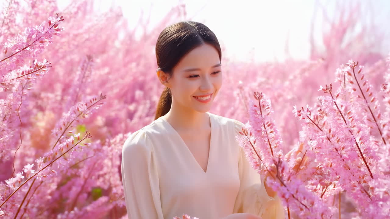 微笑んで野原でピンクの花に触れる若いアジア人女性