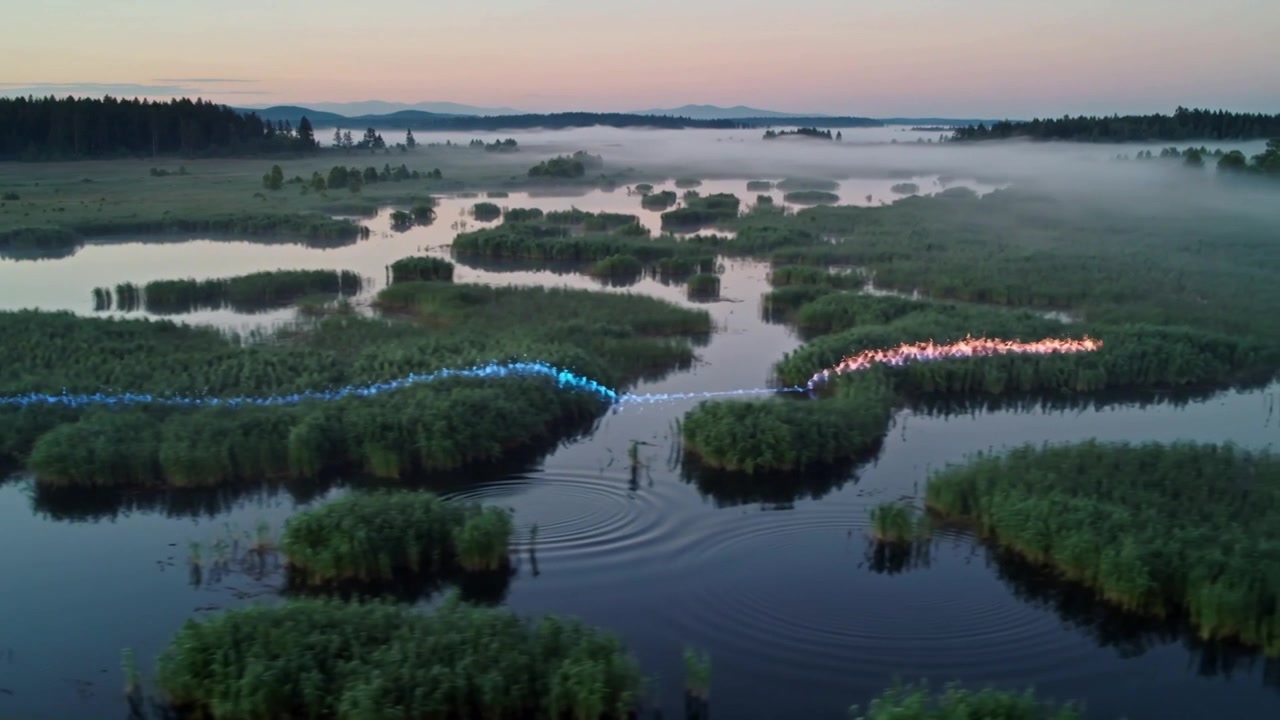Bugtende lyslinjer kommer frem fra siderne og krydser en tåget marsk ved daggry, hvor de passerer figurer i waders.