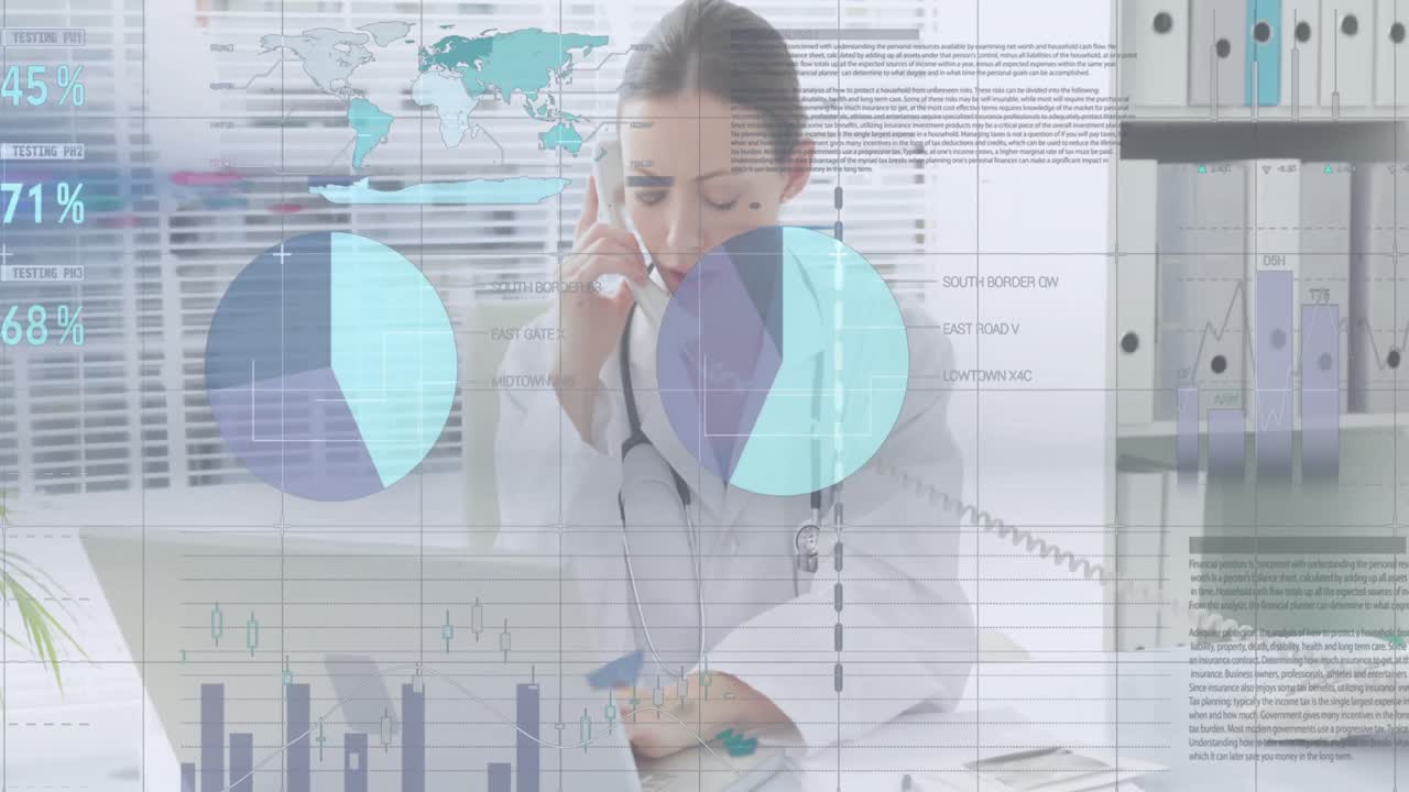 procesamiento de datos financieros contra una doctora caucásica tomando notas mientras habla por teléfono