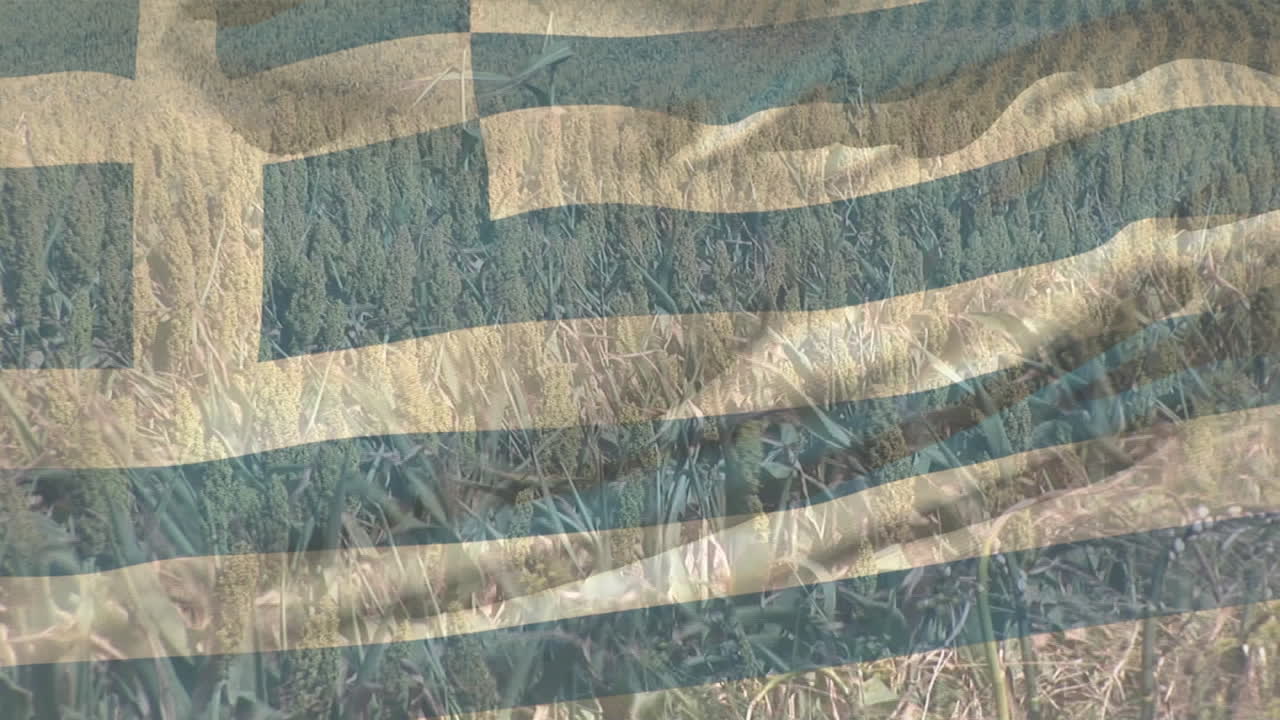 animación de la bandera de grecia ondeando sobre un campo agrícola