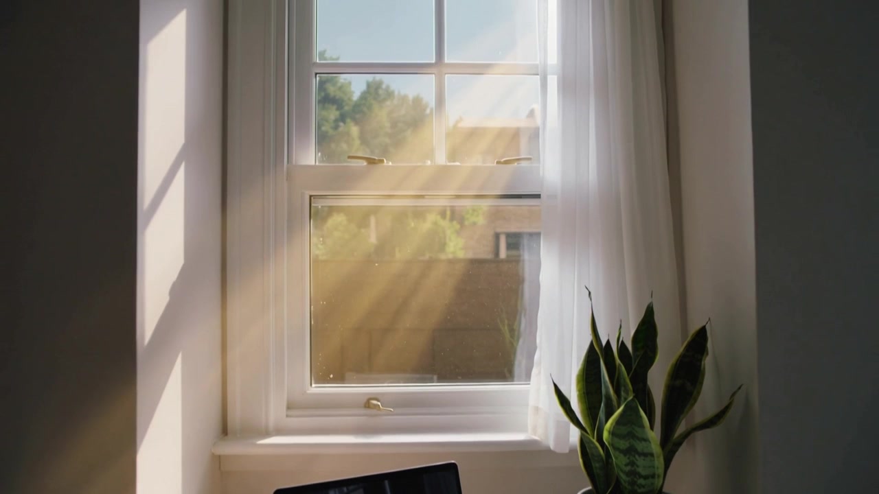 Luz solar intensa incidiendo sobre un portátil en un escritorio bajo una ventana, con una planta de serpiente y una cortina moviéndose.