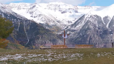 beautiful wedding altar and sitting for guests with impressive high mountain peaks