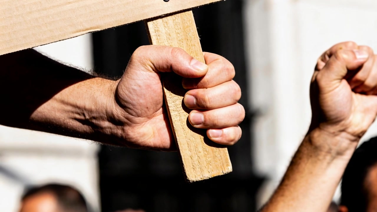 Inizia una protesta, la mano di un uomo afferra il manico di un cartello di legno in piazza, protestando con i pugni alzati.