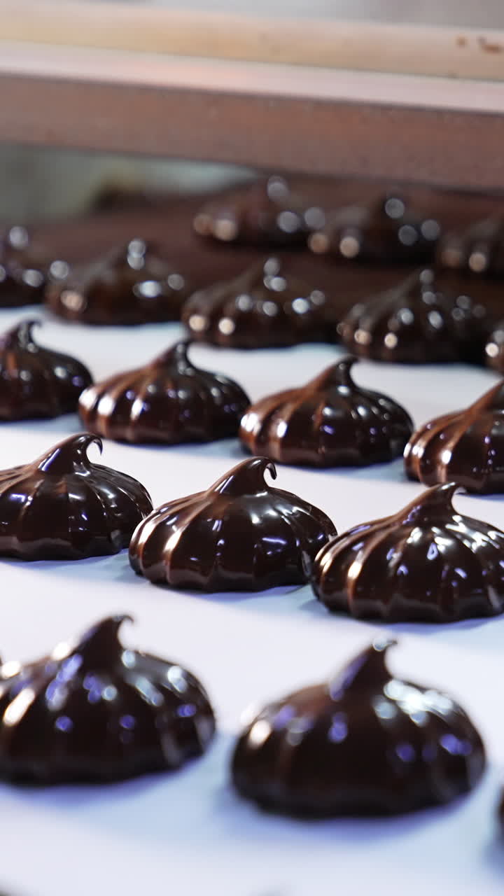 Desserts covered with chocolate move from conveyor grid to the conveyor belt. Freshly-made zephyr desserts close up. Vertical video