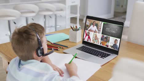 Composite-of-boy-using-laptop-for-online-lesson-at-home,-with-diverse-teacher-and-class-on-screen