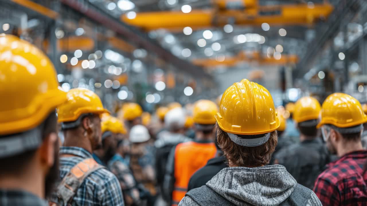 Group of Workers in Safety Helmets Attending a Meeting in a Large Industrial Facility Featuring Overhead Cranes and Dim Lighting