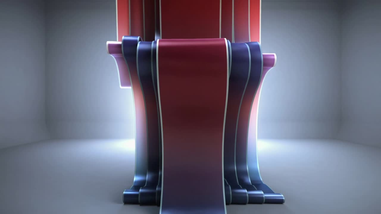 Scultura a nastro verticale che si dispiega e si muove in avanti in una camera neutra, mostrando una fascia rossa, dei pioli e un alone
