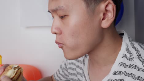 chinese young white man eats a cheese hamburger with ketchup biting closeup shot