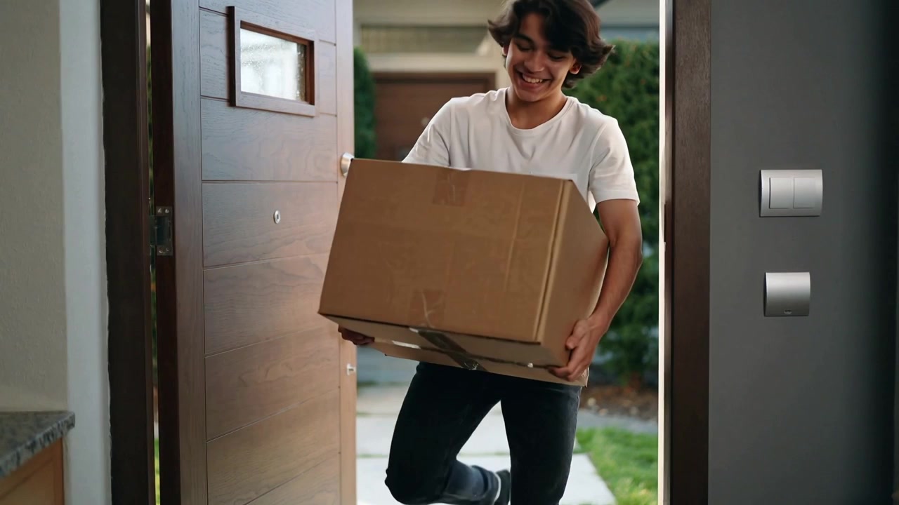 Carrying teen wearing white T-shirt dark jeans stepping through open doorway, bringing box inside