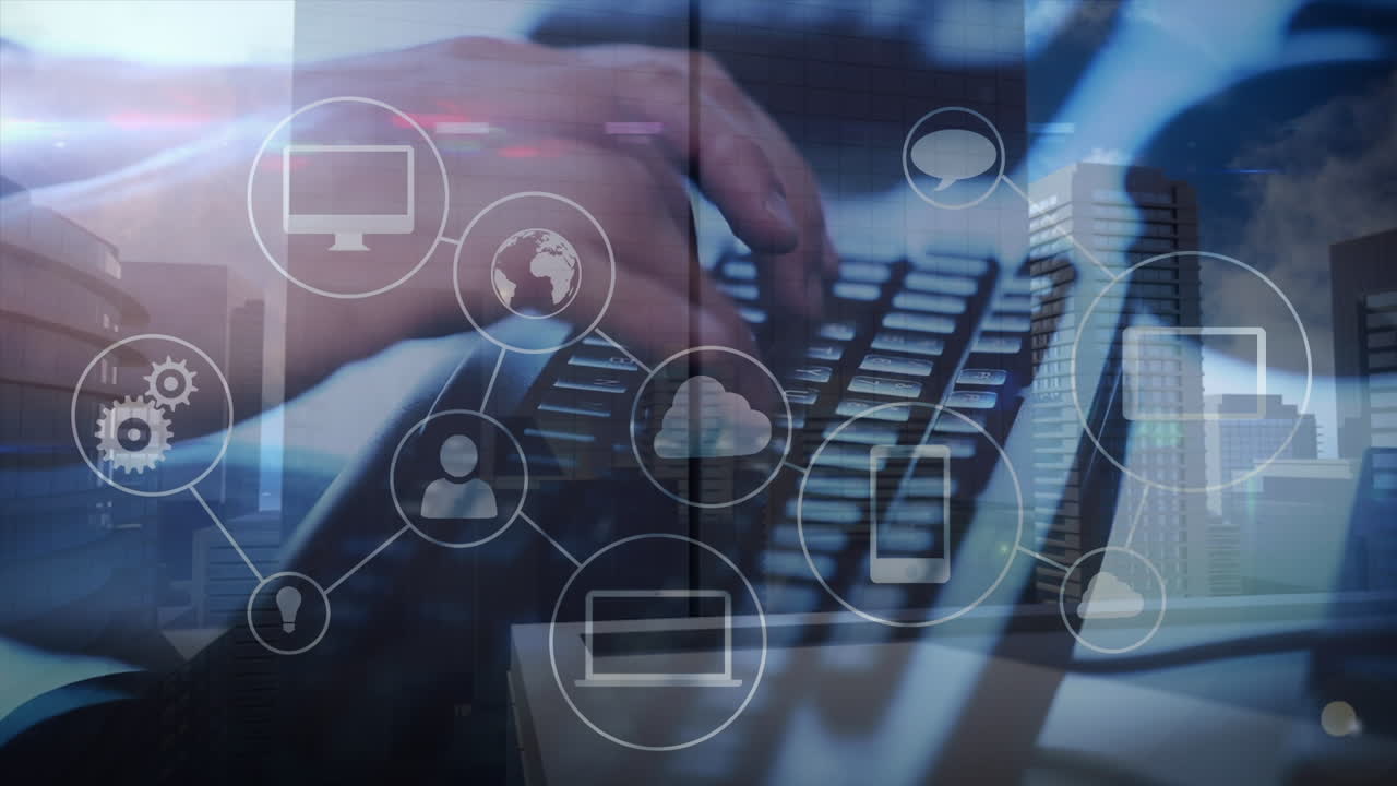 animación de la red de conexiones con iconos sobre las manos de un hombre caucásico escribiendo en el teclado