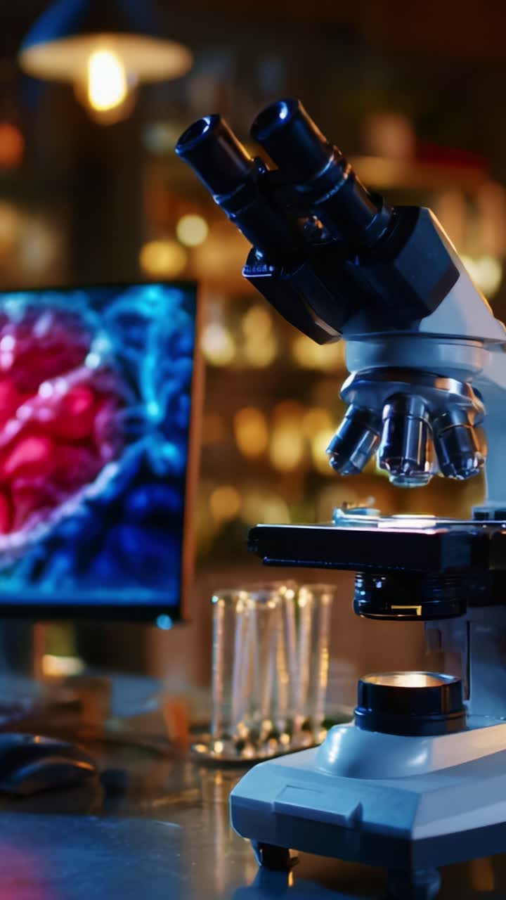 Advanced Laboratory Microscope Setup with Computer Monitor Displaying Colorful Cellular Structure, Perfect for Scientific Research and Analysis in Modern Labs