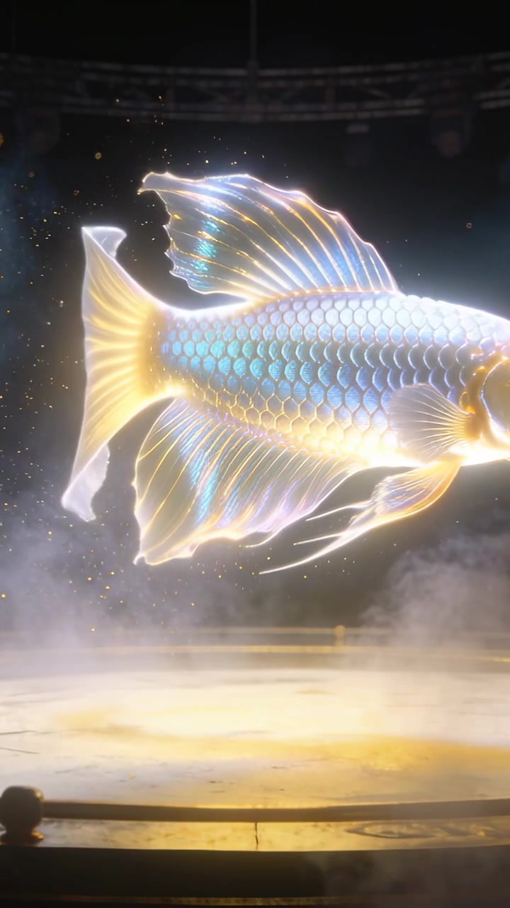 Video verticale: Enorme pesce luminoso che appare e fluttua sopra il palco per l'esposizione, con nebbia e scintille dorate