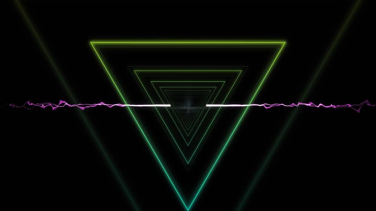 Animazione digitale di triangoli luminosi ed esplosioni di luce viola su nero