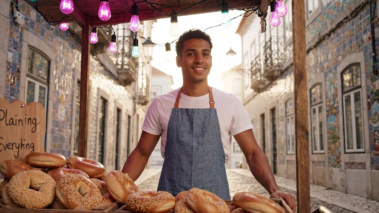 Un venditore sorridente sta orgogliosamente al suo carretto di bagel, circondato da deliziosi prodotti da forno in una strada colorata e acciottolata al tramonto.