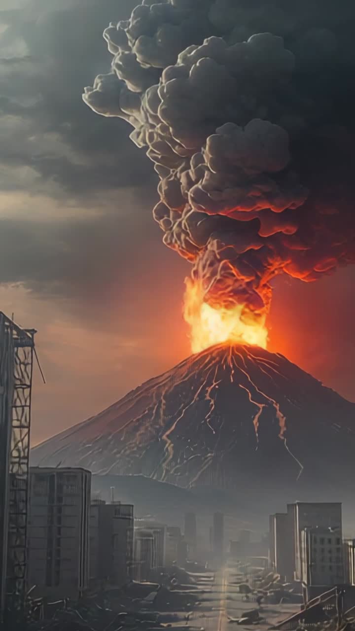 Vertical video: Erupting volcano sending glowing lava streams down ruined roads, with ash plume