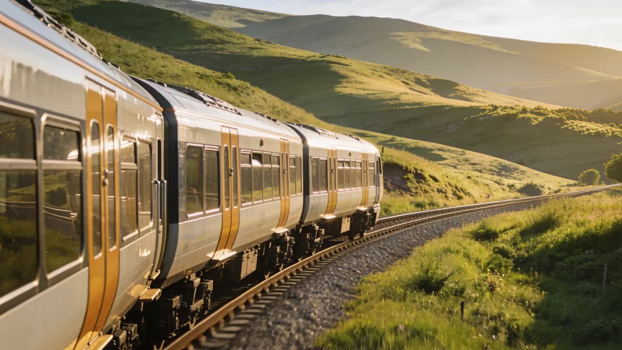 La telecamera inquadra un treno passeggeri che percorre un binario curvo, muovendosi attraverso una valle soleggiata e trasportando persone.