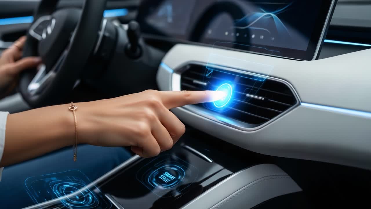 Interactive Car Interface: A Close-Up of a Hand Engaging with a High-Tech Digital Control System in a Modern Vehicle's Dashboard