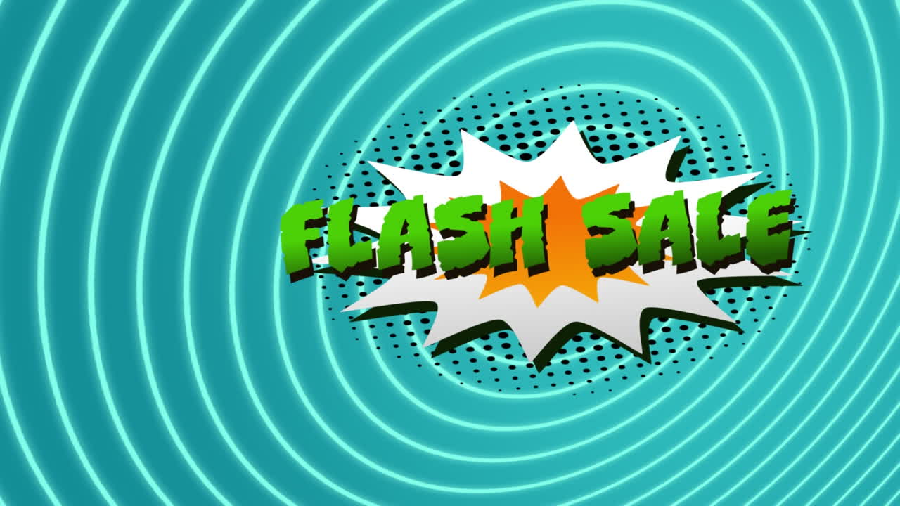 Flash sale text over retro speech bubble against spiral light trails on blue background