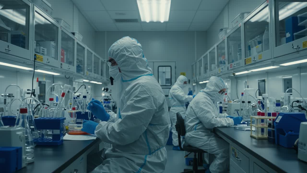 A High-Tech Laboratory Setting with Scientists in Protective Gear Conducting Research on Advanced Scientific Experiments and Analyzing Data in a Controlled Environment