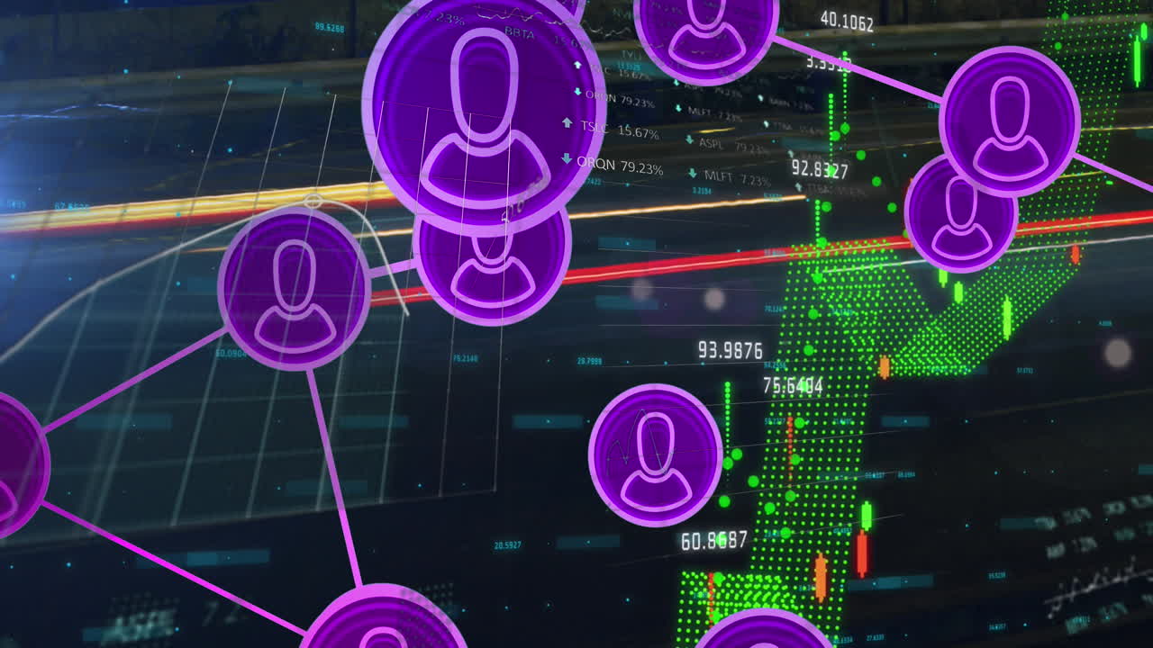 여러 그래프와 주식 시장 데이터에 연결된 프로필 아이콘의 애니메이션