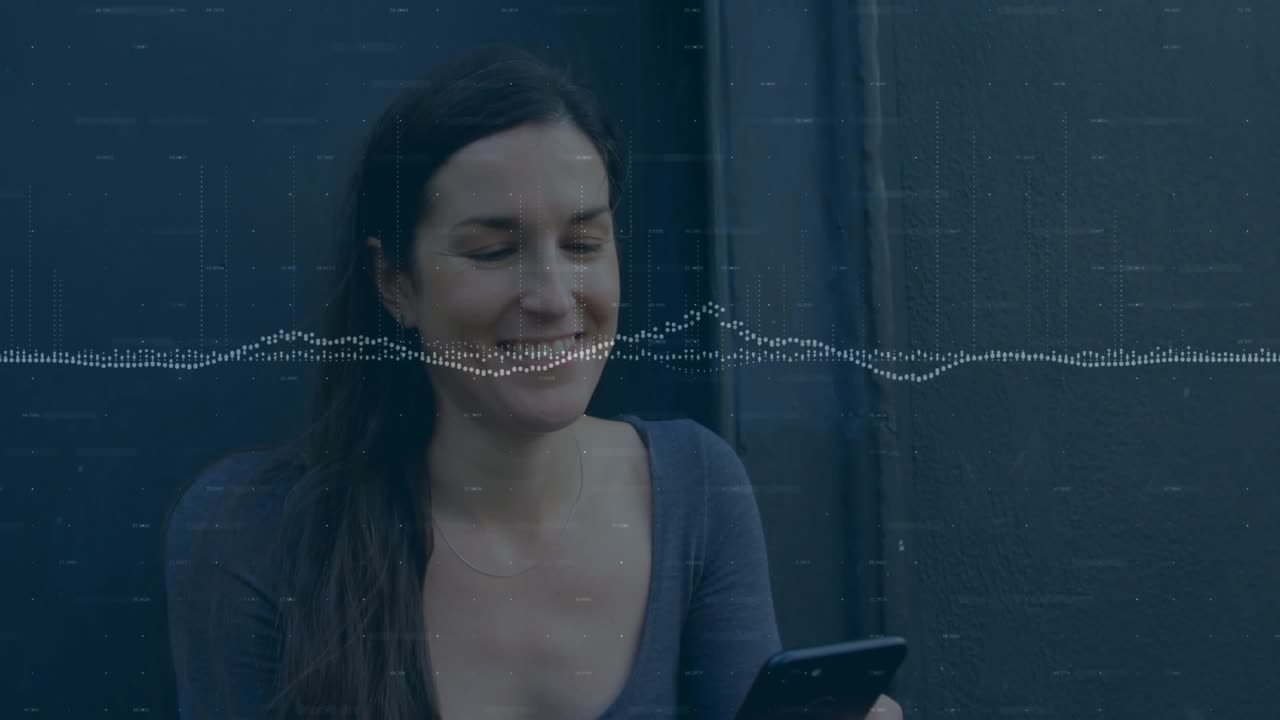 Mid-adult woman tapping phone and scrolling, reading tech and smiling, dotted waveform over midline