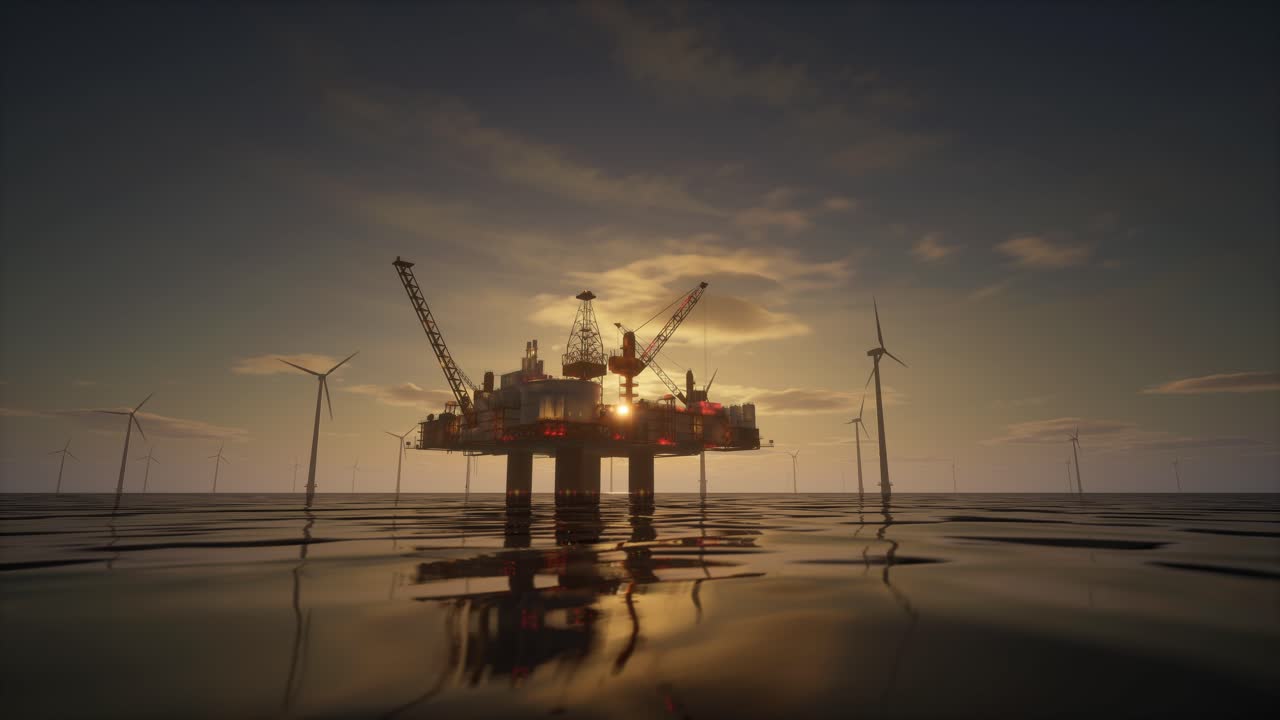 Offshore Oil Rig And Wind Turbines At Sunset, Energy Transition