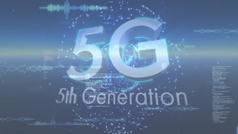 Animation-of-5g-mobile-network,-data-processing-and-network-of-connections-over-grid