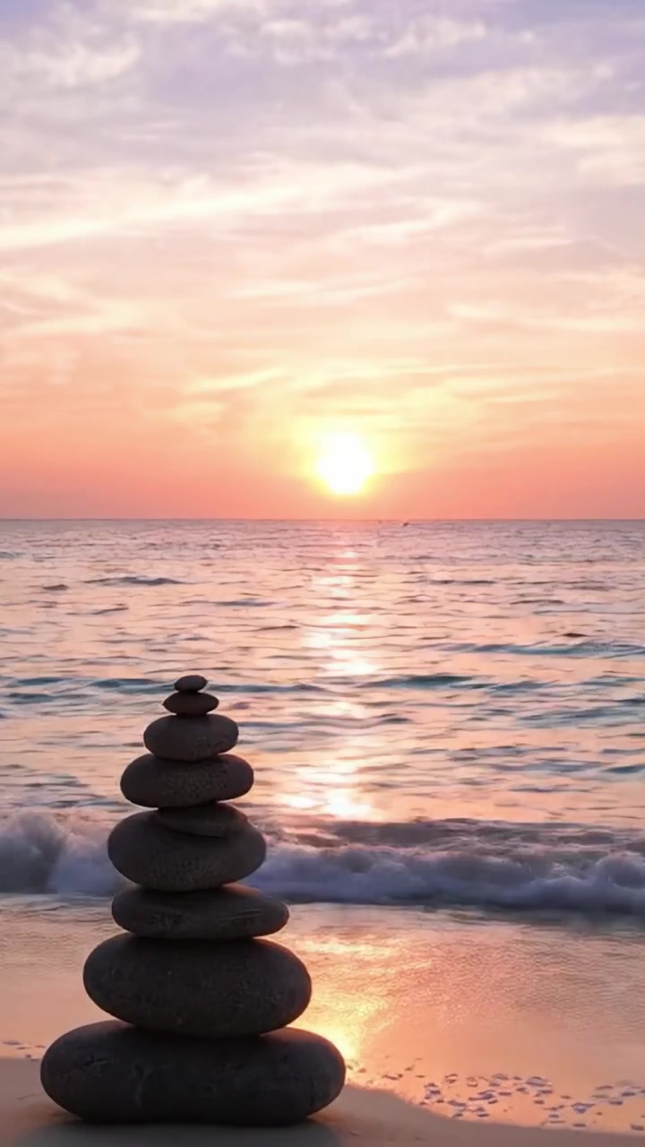 Un tramonto sereno su una pila di pietre in equilibrio su una spiaggia tranquilla, che cattura l'essenza della bellezza e dell'armonia della natura in uno scenario costiero.