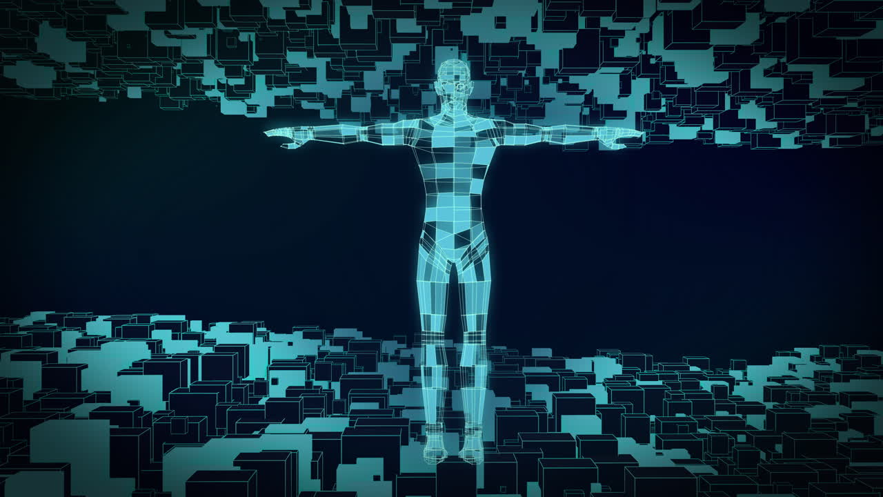 Animation of blue 3d cuboid body shape rotating over moving cubes on dark background