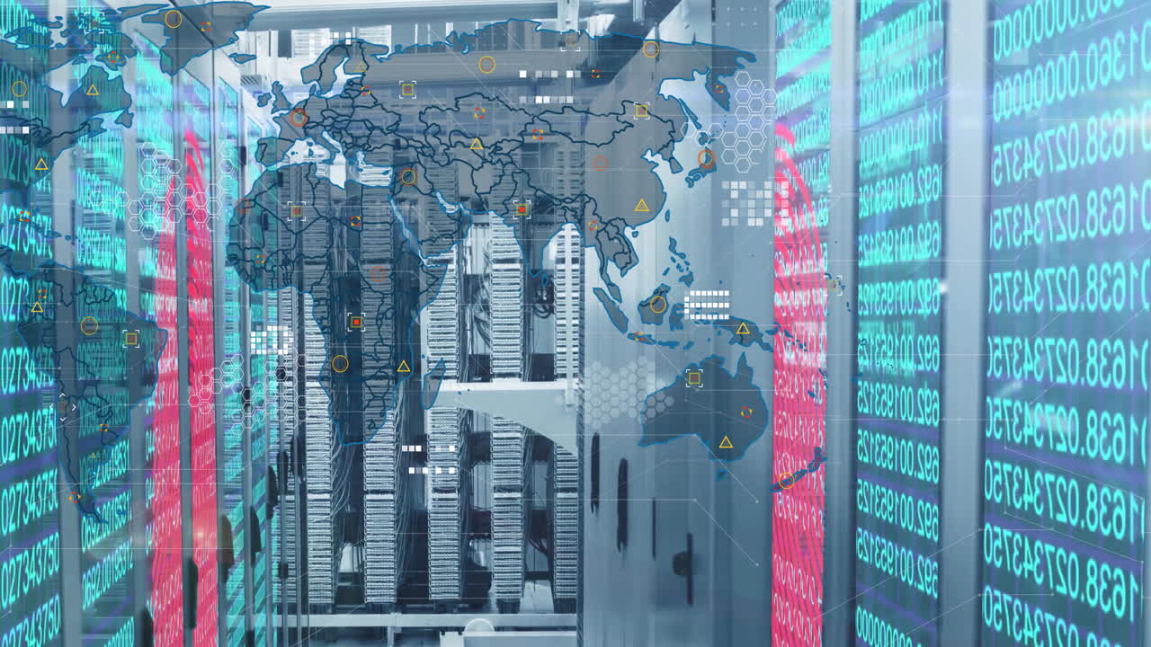 World map and data processing animation over servers in data center